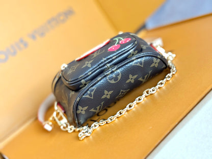 LOUIS VUITTON LV 25S MINI BUMBAG 17 IN BROWN CANVAS MONOGRAM CHERRY PRINT GOLD HARDWARE