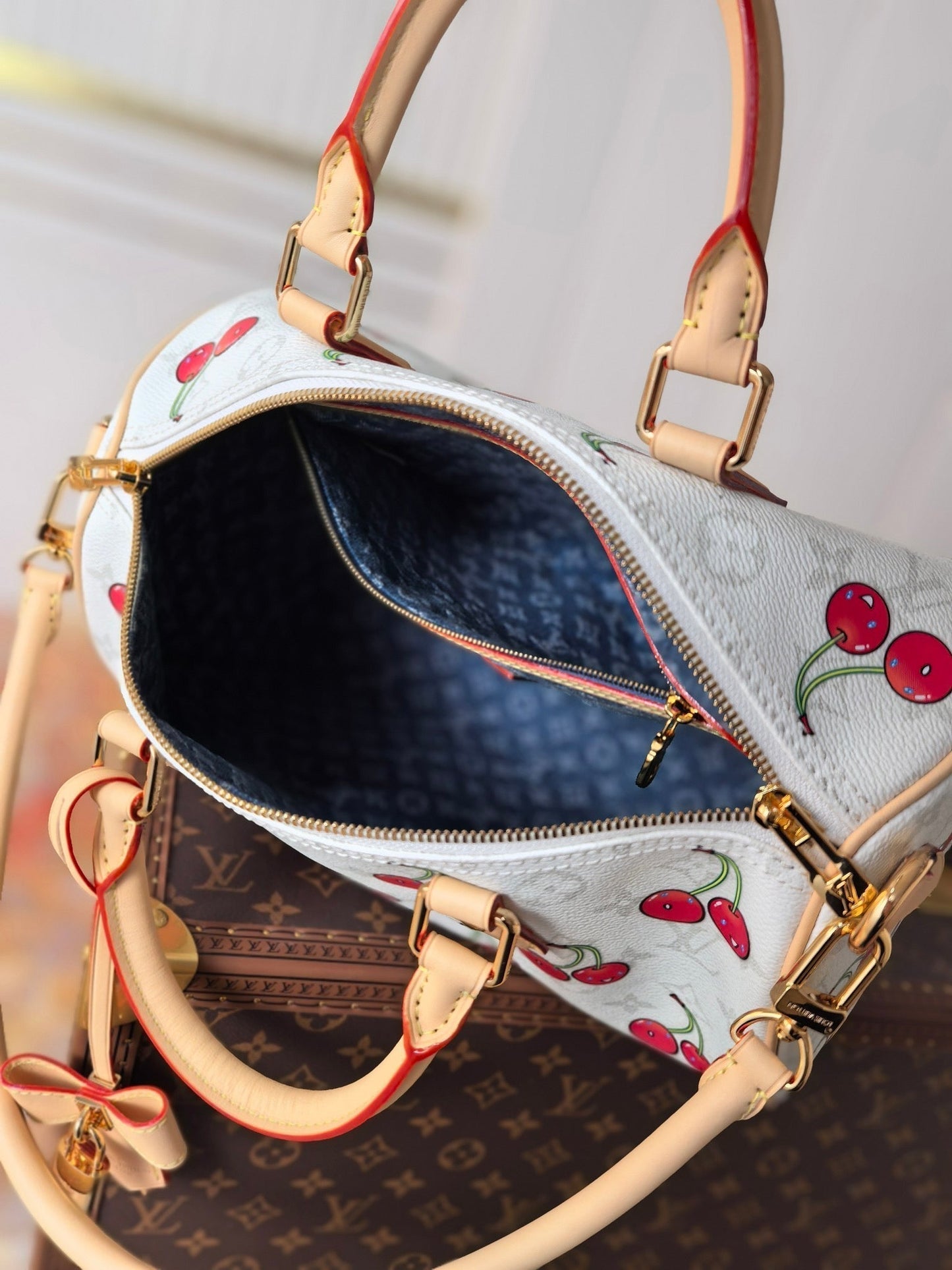 LOUIS VUITTON LV 25S SPEEDY SOFT 30 IN WHITE CANVAS MONOGRAM CHERRY PRINT GOLD HARDWARE