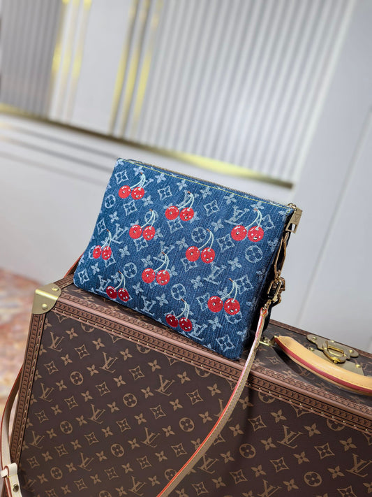 LOUIS VUITTON LV 25S COUSSIN BAG 26 IN DARK BLUE DENIM MONOGRAM CHERRY GOLD HARDWARE