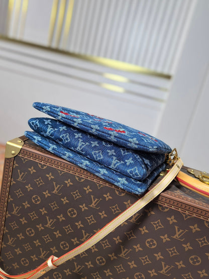 LOUIS VUITTON LV 25S COUSSIN BAG 26 IN DARK BLUE DENIM MONOGRAM CHERRY GOLD HARDWARE