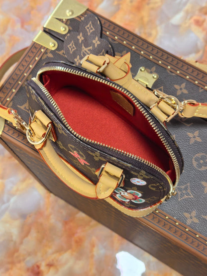 LOUIS VUITTON LV 25S NANO ALMA 18 IN BROWN MONOGRAM CANVAS PRINTED WITH THE VIVIENNE MASCOT