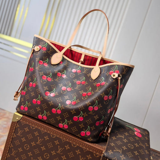LOUIS VUITTON LV 25S NEVERFULL 31 IN DARK BROWN MONOGRAM CHERRY LEATHER TRIM GOLD HARDWARE