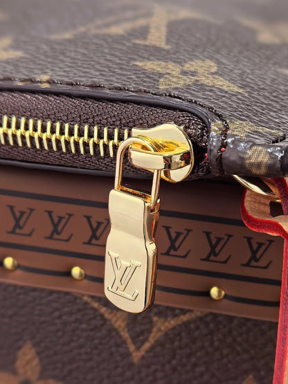LOUIS VUITTON LV 25S NEVERFULL 31 IN DARK BROWN MONOGRAM CHERRY LEATHER TRIM GOLD HARDWARE
