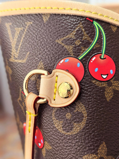 LOUIS VUITTON LV 25S NEVERFULL 31 IN DARK BROWN MONOGRAM CHERRY LEATHER TRIM GOLD HARDWARE