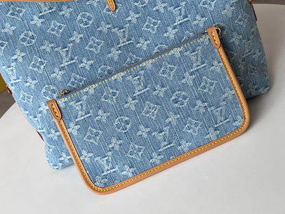 LOUIS VUITTON LV 25S CARRYALL 29 IN LIGHT BLUE DENIM MONOGRAM LEATHER TRIM