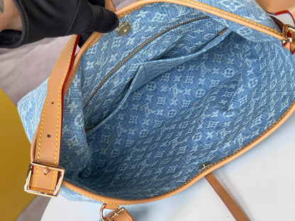 LOUIS VUITTON LV 25S CARRYALL 29 IN LIGHT BLUE DENIM MONOGRAM LEATHER TRIM