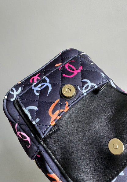 CHANEL BACKPACK 18CM BLACK & MANY OTHER COLORS PRINTED FABRIC GOLD HARDWARE