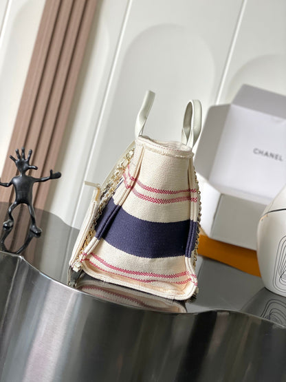 CHANEL 25S SHOPPING BAG 35 IN CREAM WHITE AND NAVY BLUE CANVAS