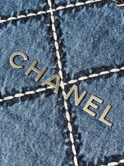 CHANEL LARGE 42 CROSSBODY BAG IN BLUE DENIM WITH CHAIN