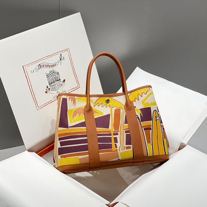 HERMES GARDEN PARTY 36 IN MULTICOLOR TOILE H CANVAS GOLD CALFSKIN TROPICAL STREETLINE ILLUSTRATION