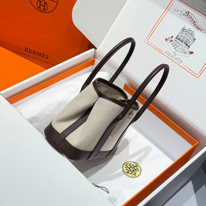 HERMES GARDEN PARTY 23CM IN BEIGE TOILETS COTTON CANVAS AND DARK BROWN CALFSKIN