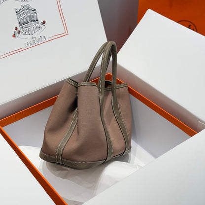 HERMES GARDEN PARTY 30CM IN BROWN TOILETS COTTON CANVAS AND TOGO ETOUPE CALFSKIN
