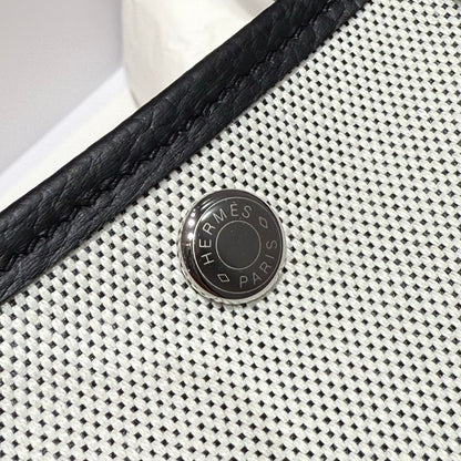 HERMES GARDEN PARTY 30CM IN WHITE TOILETS COTTON CANVAS AND BLACK CALFSKIN