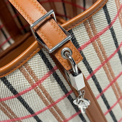 HERMES PICOTIN LOCK 18 BAG IN GOLD CALFSKIN ÉCRU/BEIGE/FAUVE/ROSE POP/NOIR EMBROIDERY PLAID CANVAS
