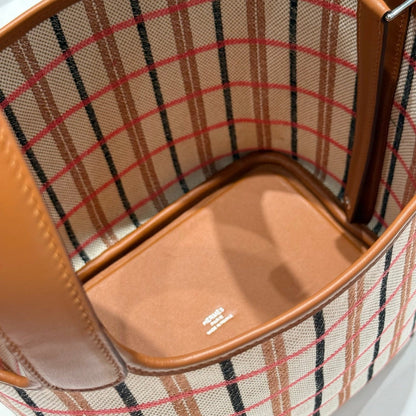 HERMES PICOTIN LOCK 18 BAG IN GOLD CALFSKIN ÉCRU/BEIGE/FAUVE/ROSE POP/NOIR EMBROIDERY PLAID CANVAS