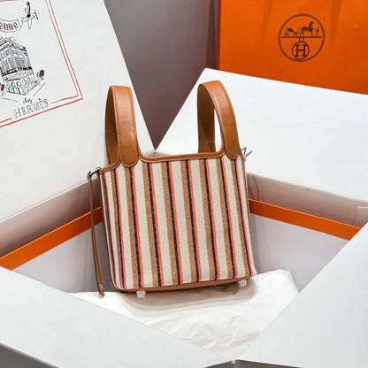 HERMES PICOTIN LOCK 18 BAG IN GOLD CALFSKIN ÉCRU/BEIGE/FAUVE/ROSE POP/NOIR EMBROIDERY CANVAS