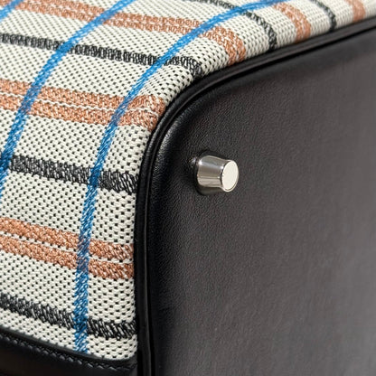HERMES PICOTIN LOCK 18 BAG IN BLACK CALFSKIN ÉCRU/NOIR/FAUVE/NOIR/BLEU ZANZIBAR EMBROIDERY PLAID CANVAS