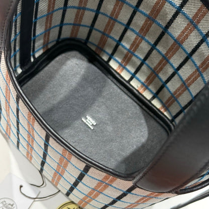 HERMES PICOTIN LOCK 18 BAG IN BLACK CALFSKIN ÉCRU/NOIR/FAUVE/NOIR/BLEU ZANZIBAR EMBROIDERY PLAID CANVAS
