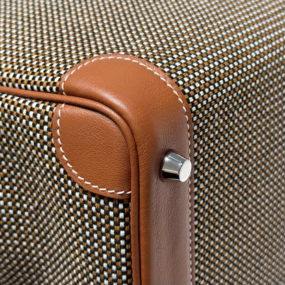 HERMES QUADRILLE BIRKIN 25CM IN GOLD SWIFT CALFSKIN AND BLACK/WHITE/BROWN TOILE CANVAS