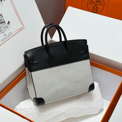 HERMES QUADRILLE BIRKIN 25CM IN BLACK SWIFT CALFSKIN WHITE TOILE CANVAS