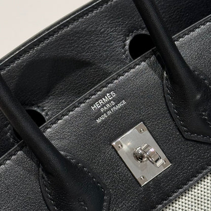 HERMES QUADRILLE BIRKIN 25CM IN BLACK SWIFT CALFSKIN WHITE TOILE CANVAS