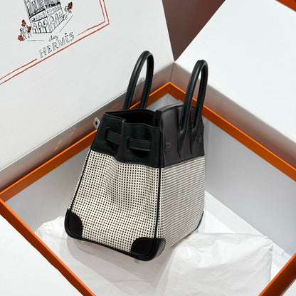 HERMES QUADRILLE BIRKIN 25CM IN BLACK SWIFT CALFSKIN WHITE BLACK PLAID TOILE CANVAS