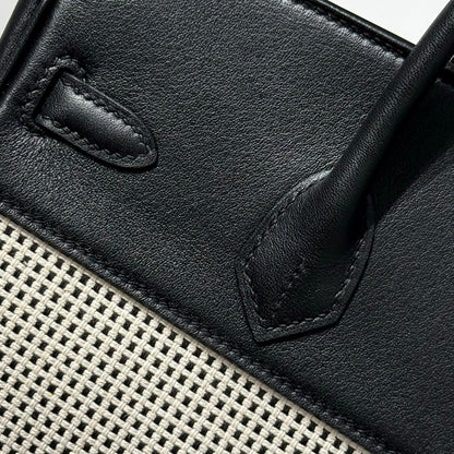 HERMES QUADRILLE BIRKIN 25CM IN BLACK SWIFT CALFSKIN WHITE BLACK PLAID TOILE CANVAS