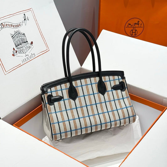 HERMES BIRKIN SHOULDER 29 IN BLACK CALFSKIN ÉCRU/NOIR/FAUVE/NOIR/BLEU ZANZIBAR EMBROIDERY PLAID CANVAS