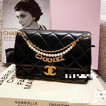 CHANEL MINI 22 FLAP BAG IN BLACK CALFSKIN GOLD HARDWARE WITH PEARL CHAIN