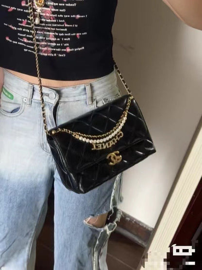 CHANEL MINI 22 FLAP BAG IN BLACK CALFSKIN GOLD HARDWARE WITH PEARL CHAIN
