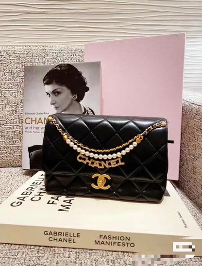 CHANEL MINI 22 FLAP BAG IN BLACK CALFSKIN GOLD HARDWARE WITH PEARL CHAIN