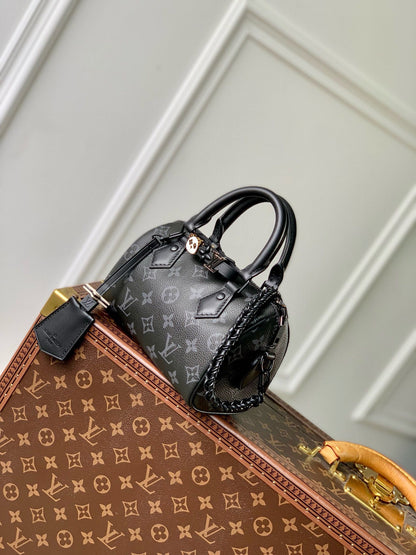 LOUIS VUITTON SPEEDY BAG 18 IN BLACK MONOGRAM COATED CANVAS BLACK HARDWARE