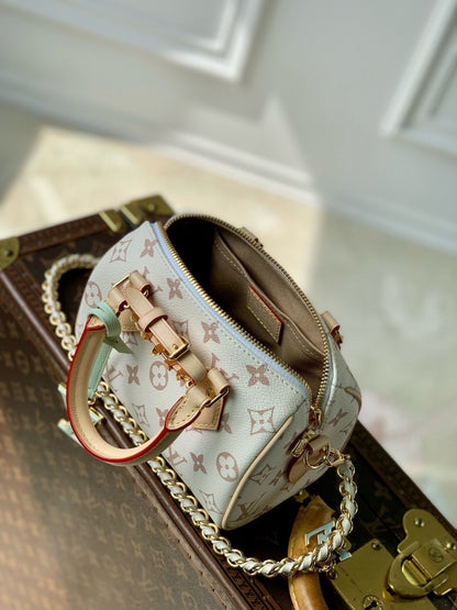 LOUIS VUITTON MINI SPEEDY BAG GREEN CHARM 18 IN LIGHT BROWN MONOGRAM DUNE COATED CANVAS