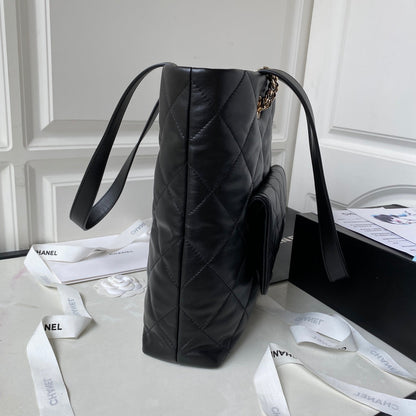CHANEL 23P Hobo Shopping Black Calfskin Gold Hardware