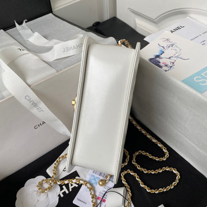 CHANEL MINI FLAP BAG 19 IN WHITE CALFSKIN WITH DOUBLE GOLD BALL