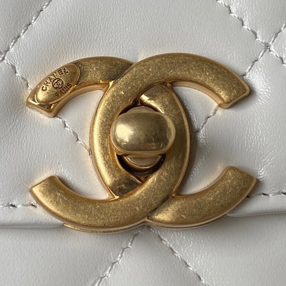CHANEL MINI FLAP BAG 19 IN WHITE CALFSKIN WITH DOUBLE GOLD BALL