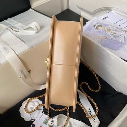 CHANEL 25S MINI FLAP BAG 22 IN TAN BROWN CALFSKIN GOLD HARDWARE