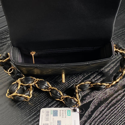 CHANEL SMALL FLAP BAG 21 IN BLACK CALFSKIN GOLD DOUBLE C THICK CHAIN