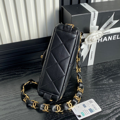 CHANEL SMALL FLAP BAG 21 IN BLACK CALFSKIN GOLD DOUBLE C THICK CHAIN