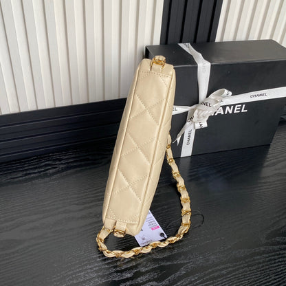 CHANEL HOBO BAG 24 IN BEIGE CALFSKIN GOLD DOUBLE C THICK CHAIN