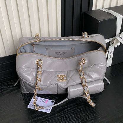 CHANEL BOWLING BAG 29 IN GREY CALFSKIN GOLD HARDWARE