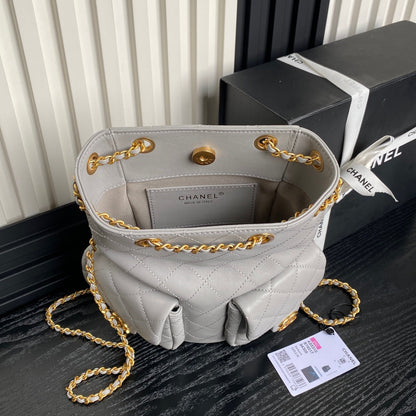 CHANEL CRUISE DRAWSTRING BACKPACK 24 IN GREY LAMBSKIN GOLD-TONE METALLIC
