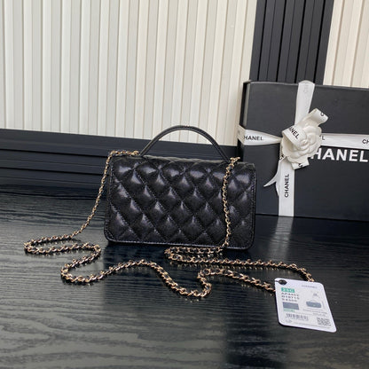 CHANEL 25C FLAP BAG 18 IN BLACK SHINY GRAINED CALFSKIN GOLD HARDWARE