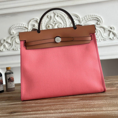 HERMES ZIP CABINE 31 BAG IN PUNCH PINK CANVAS AND BRONZE BROWN CALFSKIN