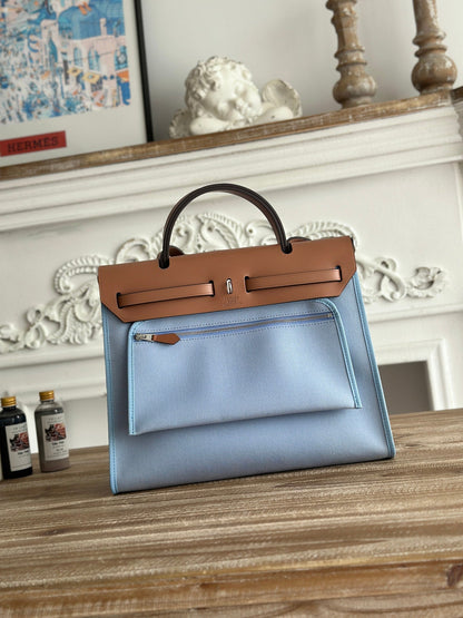 HERMES ZIP CABINE 31 BAG IN LIGHT BLUE CANVAS AND BRONZE BROWN CALFSKIN