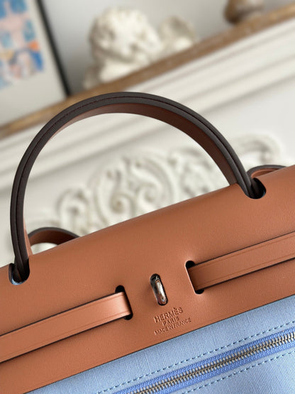 HERMES ZIP CABINE 31 BAG IN LIGHT BLUE CANVAS AND BRONZE BROWN CALFSKIN