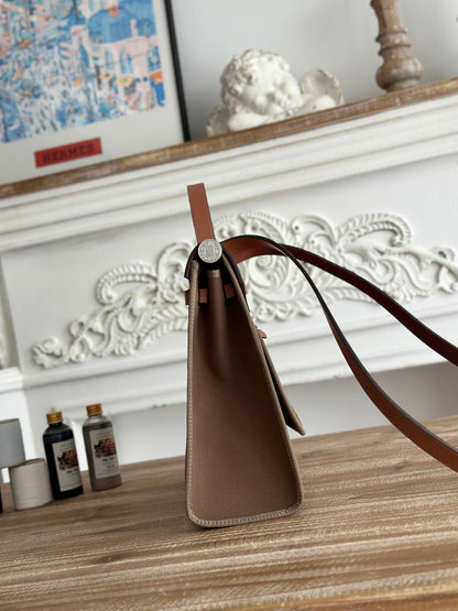 HERMES ZIP CABINE 31 BAG IN CHOCOLATE BROWN CANVAS AND BRONZE BROWN CALFSKIN