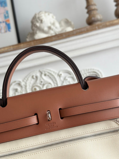 HERMES ZIP CABINE 31 BAG IN WHITE CREAM CANVAS AND BRONZE BROWN CALFSKIN