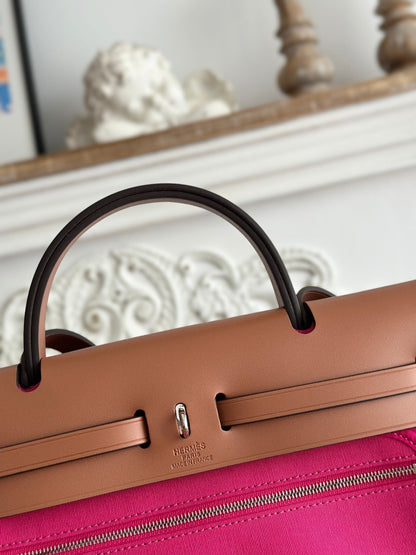 HERMES ZIP CABINE 31 BAG IN FUCHSIA PINK CANVAS AND BRONZE BROWN CALFSKIN