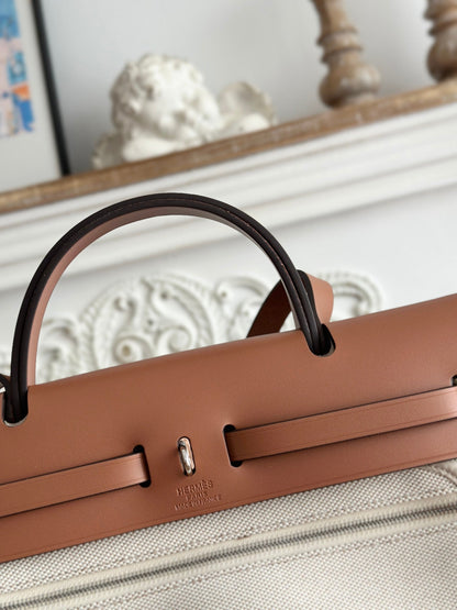 HERMES ZIP CABINE 31 BAG IN PALE GRAY CANVAS AND BRONZE BROWN CALFSKIN